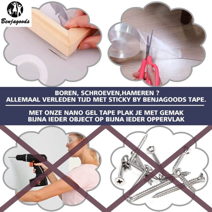 BenjaGoods Dubbelzijdig Tape - Herbruikbaar - Dubbelzijdig plakband - Nano Tape - Grip Tape - Plakkers - 5 meter