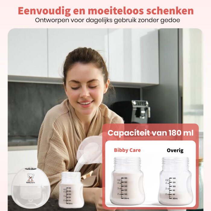 Bibbycare draadloze elektrische borstkolf met een capaciteit van 180 ml en een 1000 mAh batterij, ontworpen voor gebruiksgemak en mobiliteit.